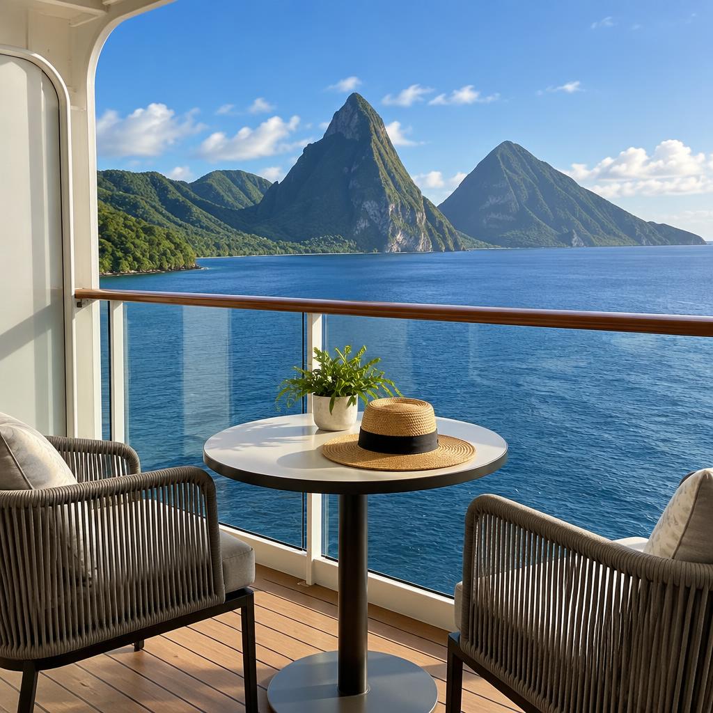 A private cruise cabin balcony looking across calm blue water