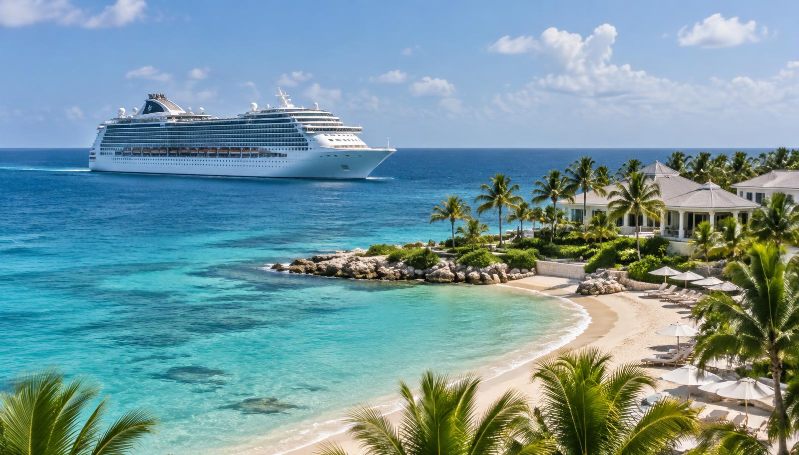 A cruise ship sailing beside a Caribbean beach resort
