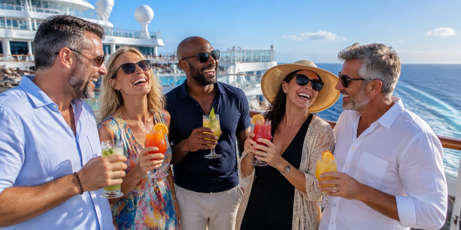 Friends enjoying drinks together on a cruise ship
