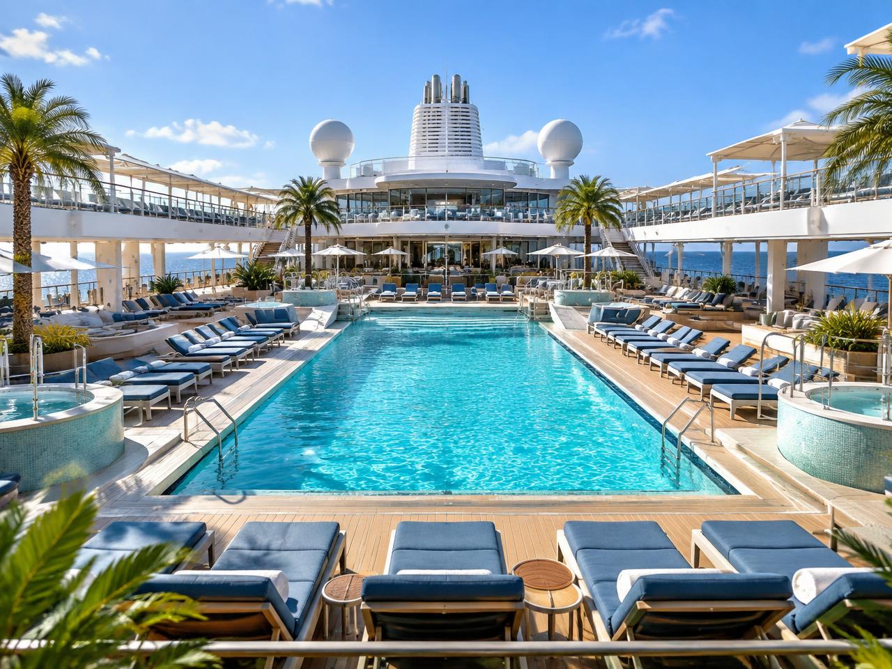 A bright cruise ship pool deck ready for a day at sea